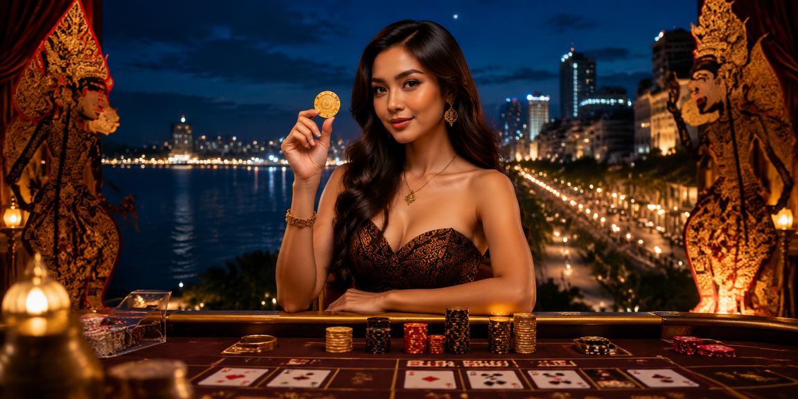 Model perempuan memegang kartu baccarat dengan latar meja kasino yang elegan dan terang