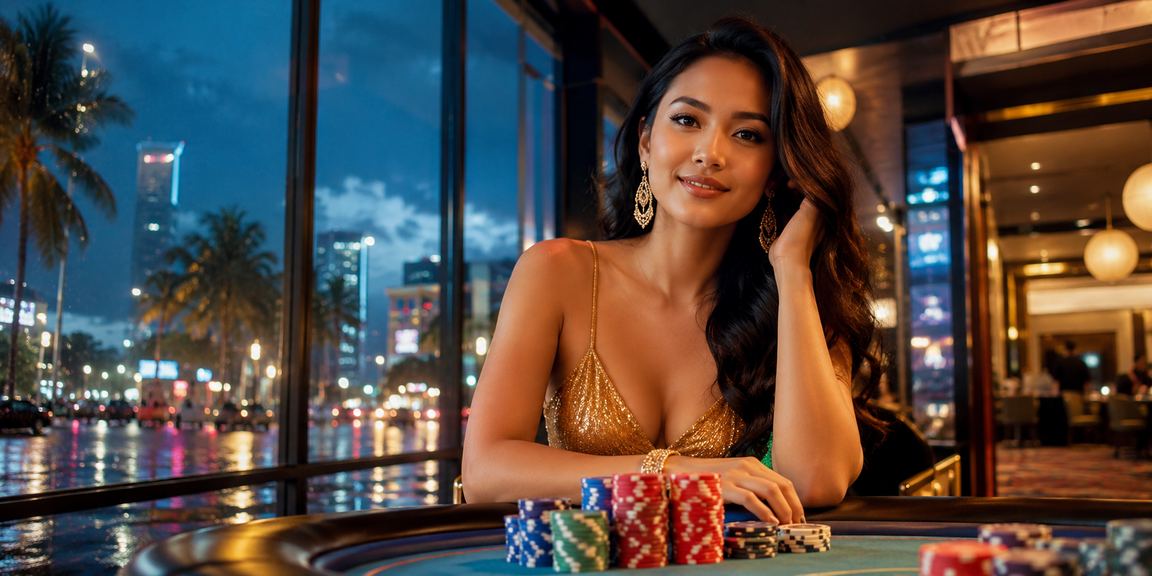 Suasana hiburan kasino dengan minuman dan layar permainan yang bercahaya di malam hari