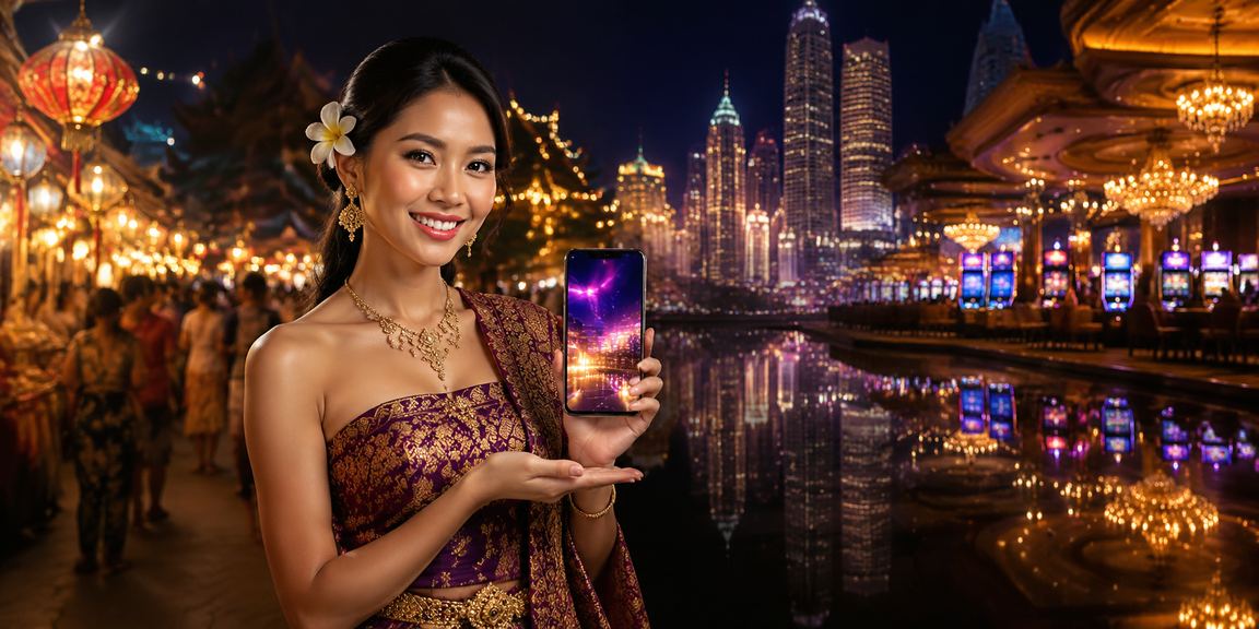 Tampilan festival mobile casino dengan nuansa malam yang ramai dan penuh warna neon