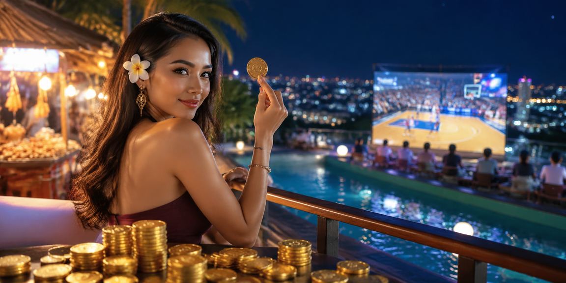 Model melihat pertandingan basket di layar dengan antusias sambil memegang ponsel untuk taruhan